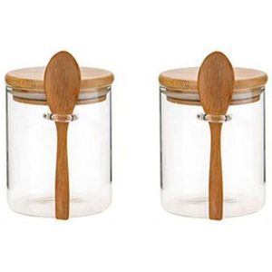 2Pcs Suikerpot Met Bamboe Deksel En Lepel Clear Glas Bus Pot Voor Keuken Storag