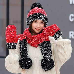 3Pcs Wollen Muts Vrouwen Mutsen Herfst Winter Verdikte Warme Sjaal Handschoenen Set Leuke Student Vrouwelijke Gebreide Muts