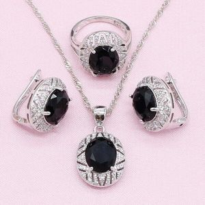 925 Zilveren Bruids Sieraden Sets voor Vrouwen Zwarte Zirconia Armband Oorbellen Ketting Hanger Ring