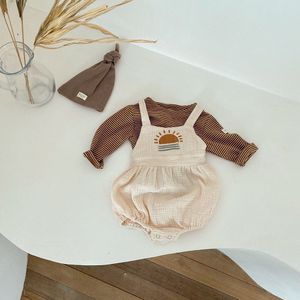 5246 Korean Toddler Baby Clothing Set Stripe T Shirt + Sun Print Suspender Pant Cotton Yarn Boys Girls 2 Piece Suit Clothes