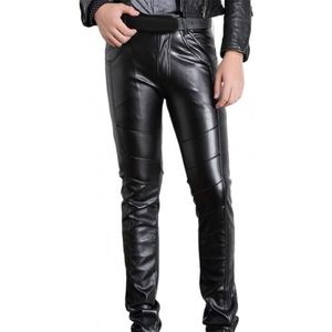 Casual Dunne Ademende Tie Trekkoord Lange Broek Mannen Effen Kleur Faux Lederen Multi Pockets Skinny Broek Stage Club Lange Broek