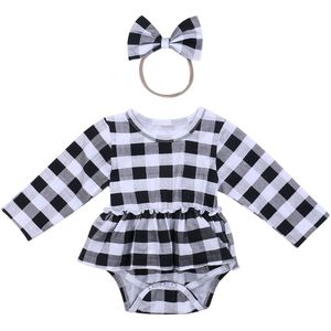 Zuigelingen Meisje Romper Plaid Hoofdband Pak, O-hals Met Lange Mouwen Casual Hoge Taille Hoofdband Kruis Knoppen Blouse