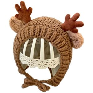 Baby Baby Winter Knit Beanie Hat Leuke Kerst Rendier Gewei Peuter Winddicht Oorklep Cap Warmer Met Kinband