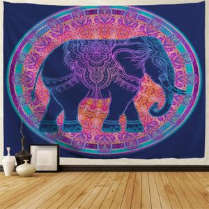 Olifant Tapestry Blauw Paars Mandala Muur Opknoping Dorm Decor Stof Psychedelische Hippie Bloem Deken Bohemian Sprei
