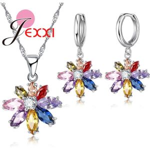 Luxe Sieraden Set Multicolor Bloem Ketting Oorbellen Voor Vrouwen 925 Sterling Zilver Crystal Bijoux