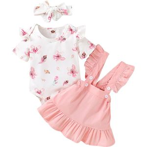 Pasgeboren Baby Baby Meisje Rok 3Pcs Outfit Pak Bloemen Korte Mouw Jumpsuit Effen Kleur Jarretelle Rok En Hoofdband