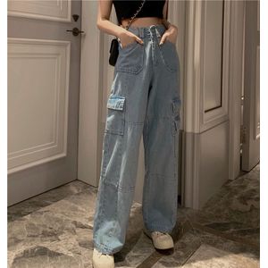 Vintage Wijde Pijpen Vrouw Jeans Hoge Taille Jeans Blauw Casual Lange Broek Koreaanse Streetwear Zakken Denim Broek