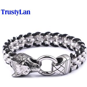 Trustylan Wrap Lederen Armband Mannen Voor Hem 316L Rvs Punk Rocker Wolf Hoofd Vriendschap Heren Armbanden & Bangles