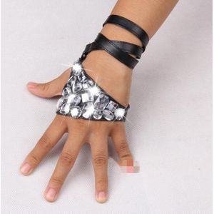 Vrouwen Mode Hip-Hop Ds Acryl Rhinestone Pu Lederen Handschoenen Dame Bandage Night Club Performace Punk Handschoenen