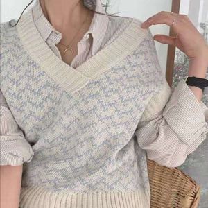 Herfst Winter Vrouwen Truien Trui Eenvoudige V-hals Mouwloze Print Vest Breien Koreaanse Oversize Wilde Knitwear