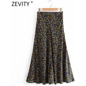 Zevity Vrouwen Vintage Bloemenprint Pleats Casual Lange Een Lijn Rok Faldas Mujer Dames Side Rits Chic Leisure Rokken QUN639