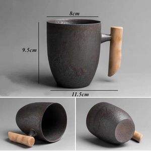 Japanse Stijl Keramische Vintage Kantoor Thee Water Cup Creatieve Chinese Retro Aardewerk Koffie Melk Mokken Met Houten Handvat Drinkware