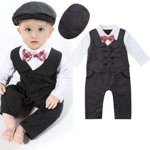Nieuw Peuter Baby Boy Formele Pak Party Wedding Tuxedo Gentleman Double Breasted Romper Jumpsuit + Hoeden Outfit 0-24M