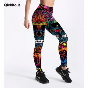 Qickitout Zomer Stijl Vrouwen Leggings Kleur Skull & Blad Gedrukt Leggings Slim Workout Leggings Punk Meisje Broek