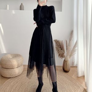 Tweedelige Sets Mode Vrouwen Jurk Trui Effen Kleur Slanke Kant Riem Koreaanse Herfst Winter Lange Mouw Hoge taille