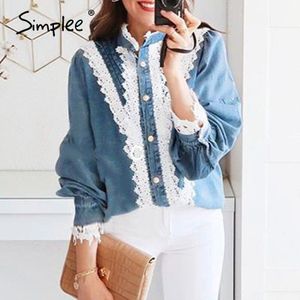 Simplee Vintage Denim Blauw Vrouwen Blouse Shirt Herfst Winter Lange Mouw Kant Blauw Top Elegante Werkkleding Casual Leuke Dame tops