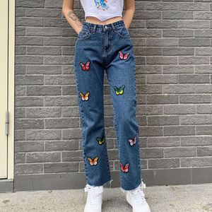 Rechte Vrouwen Jeans Casual Jeans Vrouw Cowboy Vrouwelijke Losse Lange Broek Streetwear Vlinder Geborduurd Denim Broek