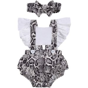 Peuter Baby Meisjes Romper, Baby Hoofdband, Fly Mouwen Patchwork Hollow Kruis Knoppen Snakeskin Gedrukt 2 Stuk Kleding