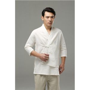Traditionele Chinese Man Shirt Retro Schuine Gesp Linnen Katoen Tops Casual Etnische Tangsuit Onregelmatige Vintage Mannelijke Chinese Shirt