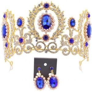 Barokke Vrouwen Rhinestone Faux Pearl Crown Tiara Oorbellen Bruiloft Sieraden Set