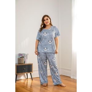 HC280 Grote Size Vrouwen Lente Zomer Thuis Losse Panda Cartoons Pyjama Vrouwelijke Kleding Nachtkleding Een Set Nachthemd Tweedelige