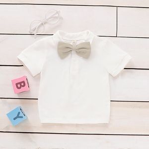 Pasgeboren Fotografie Outfit Baby Boy Korte Mouwen Effen Wit Beige Strikje T-shirt Todddler Jongens Zomer Outfits Kleding