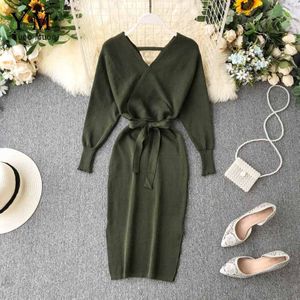 YuooMuoo Vrouwen Dress Herfst Winter Lange Mouwen Split Midi Jurk Elegante V-hals Backless Gebreide Dames Bandage Jurk Vestidos