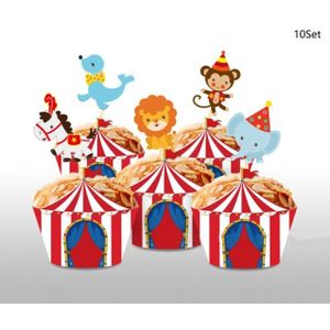 10Set Circus Carnaval Cupcake Wrapper Toppers Baby Shower Kids Gunsten Papier Wrappers Toppers Gelukkige Verjaardag Feestartikelen