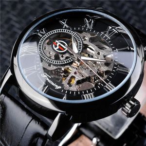 Mannen Mode Vintage Holle-Out Mechanische Handmatige Mechanische Horloge & Casual Horloge Mannen Business Lederen Riem goud
