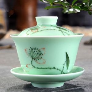 Longquan celadon gaiwan porselein handgeschilderd terrine vis opluchting cup kom met deksel schotel bergrivier print lotus