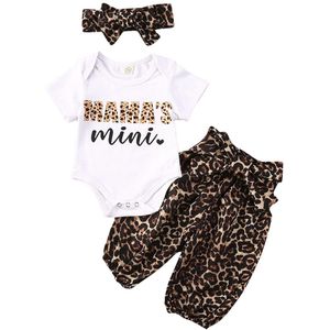 Baby Zomer Kleding Pasgeboren Baby Meisje Brief Bodysuits Luipaard Broek Hoofdband 3Pcs Set Outfits