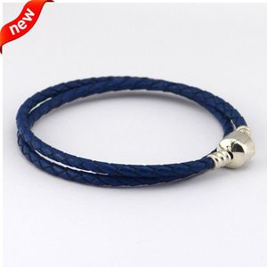 Donkerblauw Dubbele Lederen Armband Past Sterling Zilver Originele Charms & Kralen Voor Vrouw Diy Sieraden Maken