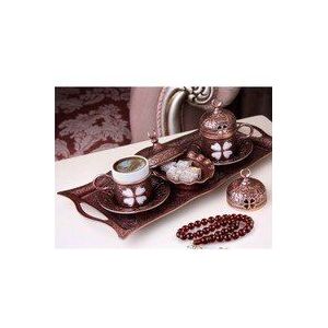 Turkse Koffie Set Arabische Poef Griekse Authentieke Product Met Historische Patroon Espresso Serveren Copper & Silver