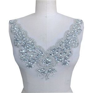Handgemaakte steentjes applique zilver/bruin/deepblue naaien op kristal kralen patches voor jurk hals