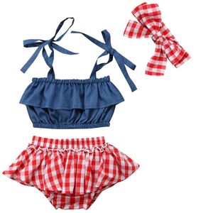 Mode Baby Girl Outfit 3 stks Off-Schouder Strappy Denim Top Rode Plaid Shorts Meisje Hoofdband Zomer Kleden Set voor Kids