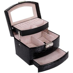 Automatische Lederen Sieraden Doos Drie-Layer Opbergdoos Voor Vrouwen Oorbel Ring Cosmetische Organisator Kist Voor Decoraties Zwart