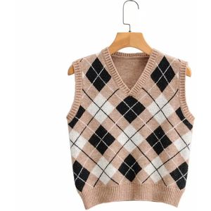 Vrouwen Wilde Losse Trui Vest Mouwloze V-hals Ruit Plaid Patroon Gedrukt Soft Stretch Knitwear Voor Dagelijks Wear Fall Kleding