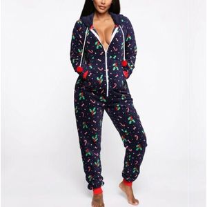 Vrouwen Kerst Print Hooded Nachtkleding Met Zakken Winter Warm Lange Mouwen Zachte Jumpsuit Pyjama Collectie