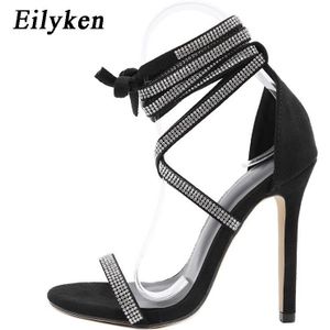 Eilyken Zomer Gladiator Vrouwen Sandalen Zwart Enkelbandje Crystal Lace-Up Open Teen Hoge Hakken Partij jurk Schoenen