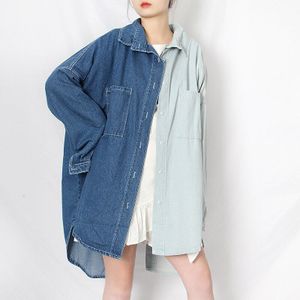 Twotwinstyle Casual Denim Shirt Lange Mouw Vrouwen Asymmetrische Patchwork Blouse Tops Vrouwelijke Herfst Mode Kleding Big Size