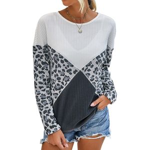 Herfst Top Vrouwen Met Lange Mouwen T-shirt Gestreepte Patchwork Tops Tee Vrouwelijke Luipaard Stiksels Mode Losse Top Dame T-shirt