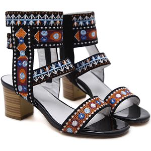 etnische stijl sandalen vrouwen zomer Bohemien sandalen Romeinse Chunky Hakken Borduur vrouwen hoge hakken schoenen hol laarzen
