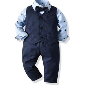 Winter Herfst Baby Boy Pak Lange Mouw Licht-Blauw Shirt + Donkerblauwe Broek + Dark-blauw Vest 3Pcs Formele Kleding-Sets