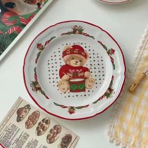 Koreaanse Stijl Kerst Cartoon Gingerbread Man Keramische Plaat Creatieve Snoep Rode Kant Taart Dessertbord Lader Platen