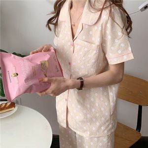 Qweek Vrouwen Katoenen Pyjama Koreaanse Stijl Home Kleding Bloemenprint Peignoir Femme Paars Broekpakken 2 Delige Set Nachtkleding