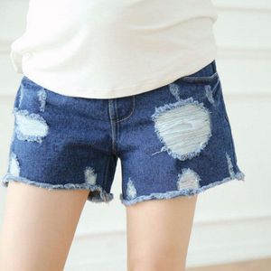 Moederschap Shorts Elastische Taille Zwangerschap Korte Jeans Zomer Kleding Voor Zwangere Vrouwen Gescheurd Gat Omzoomd Blauwe Denim Broek