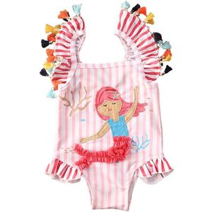 Zomer Pasgeboren Baby Meisjes Een Stuk Mermaid Verticale Streep Kwasten Badpak Badpak Beachwear Fringe Swimwears