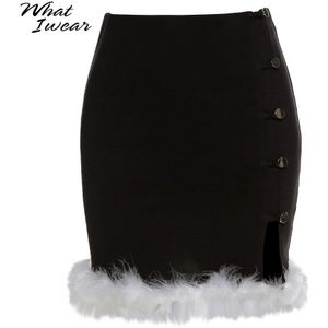 Zwarte Vintage Split Mini Rokken Met Fur Trim Vrouwen Skinny Hoge Taille Femme Bodem Streetwear Party Night Clubwear