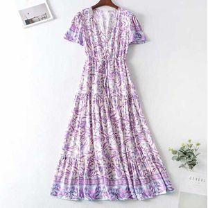 Boho Geïnspireerd Lila Bloemen Maxi Jurk V-hals Rayon Paars Boho Jurk Casual Lente Zomer Jurk Voor Vrouwen Chic Lange jurk