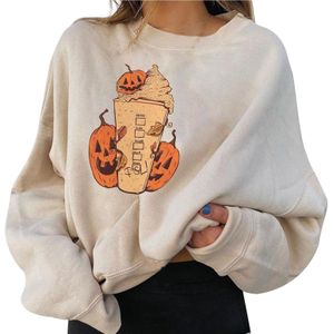 Halloween Pompoen Melk Thee Cup Print Losse Sweatshirt Cartoon O-hals Fleece Lange Mouwen Grafische Hoodies Dames Sweatshirts Tops